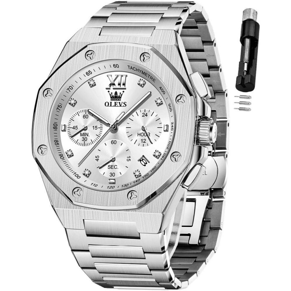 Olevs Men's Silver Stainless Steel Analog Luminous Waterproof Easy Wear Watch